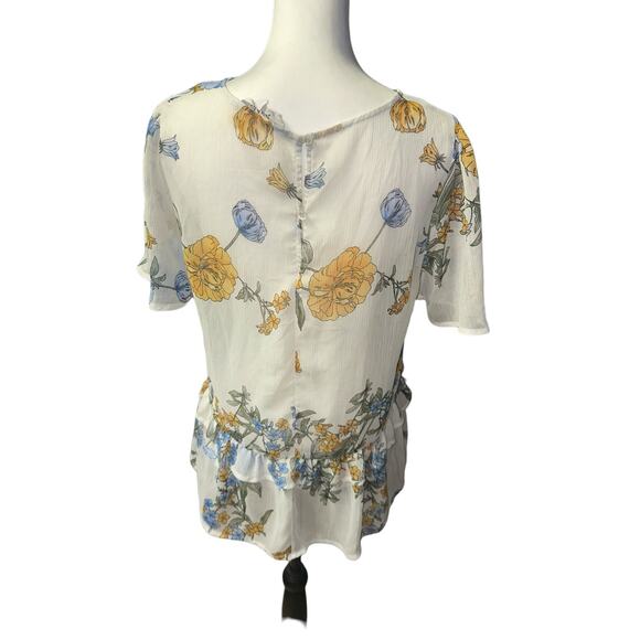 June and Hudson Short Sleeve Medium Sheer Top White Blue Yellow - Picture 2 of 4
